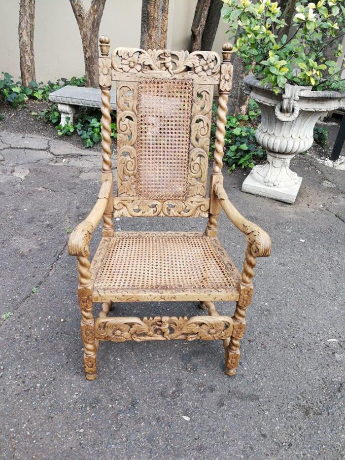 An English Caved and Bleached / Natural Wood Finish Wooden Armchair - Image 2