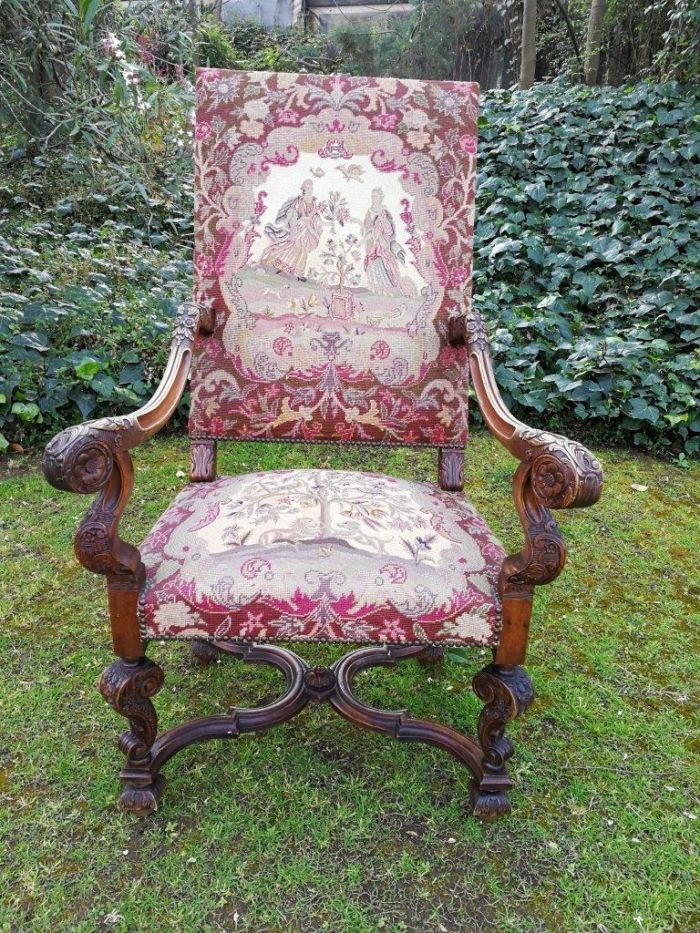 A 19th Century Walnut Louis Fourteenth Style Chair Elaborately Carved And With A Splendid Original Gross Point Upholstery In Mint Condition. Chair And Embroidery  Nd - Image 2