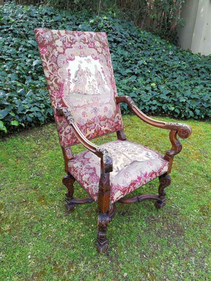 A 19th Century Walnut Louis Fourteenth Style Chair Elaborately Carved And With A Splendid Original Gross Point Upholstery In Mint Condition. Chair And Embroidery  Nd - Image 3