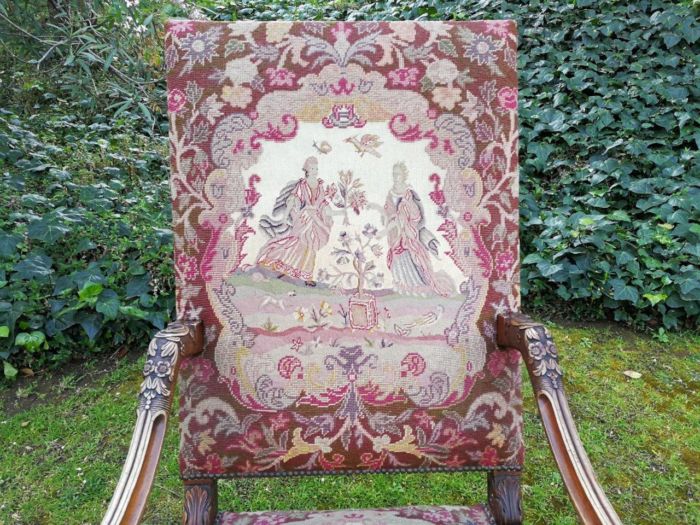 A 19th Century Walnut Louis Fourteenth Style Chair Elaborately Carved And With A Splendid Original Gross Point Upholstery In Mint Condition. Chair And Embroidery  Nd - Image 5