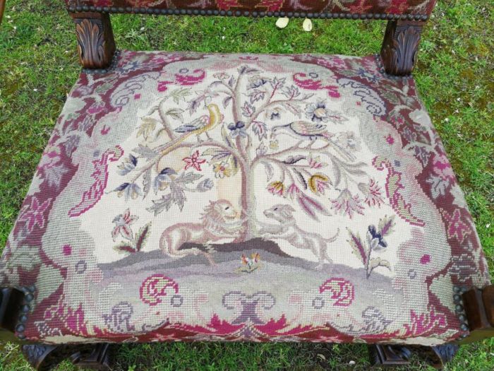 A 19th Century Walnut Louis Fourteenth Style Chair Elaborately Carved And With A Splendid Original Gross Point Upholstery In Mint Condition. Chair And Embroidery  Nd - Image 6