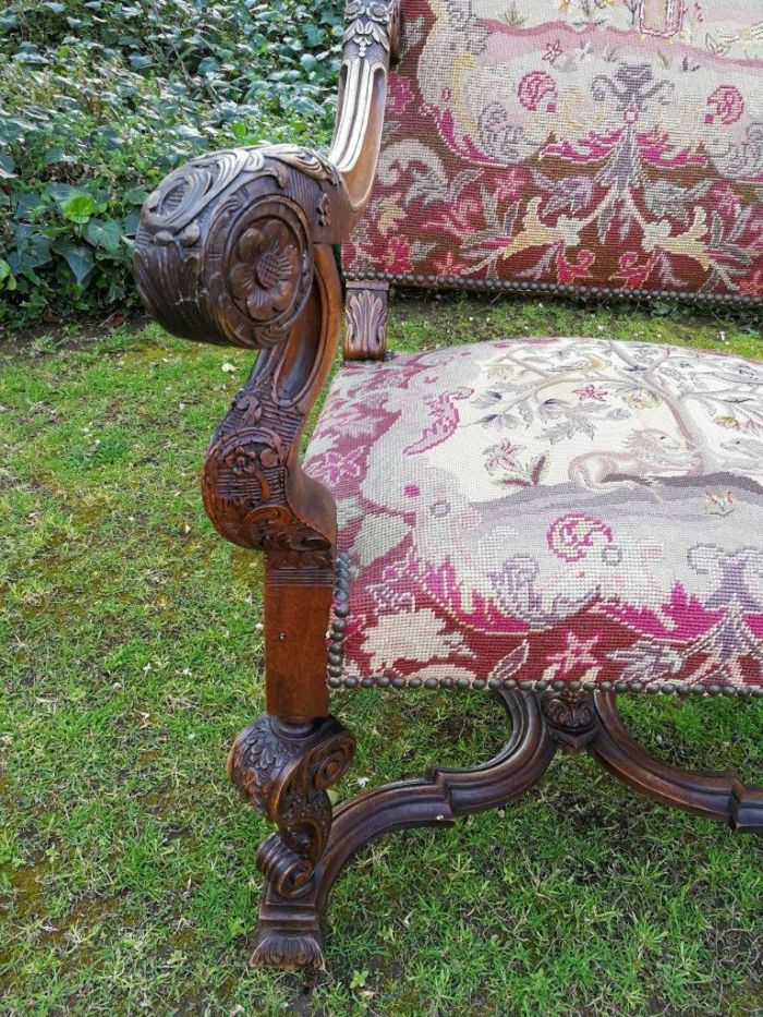 A 19th Century Walnut Louis Fourteenth Style Chair Elaborately Carved And With A Splendid Original Gross Point Upholstery In Mint Condition. Chair And Embroidery  Nd - Image 7