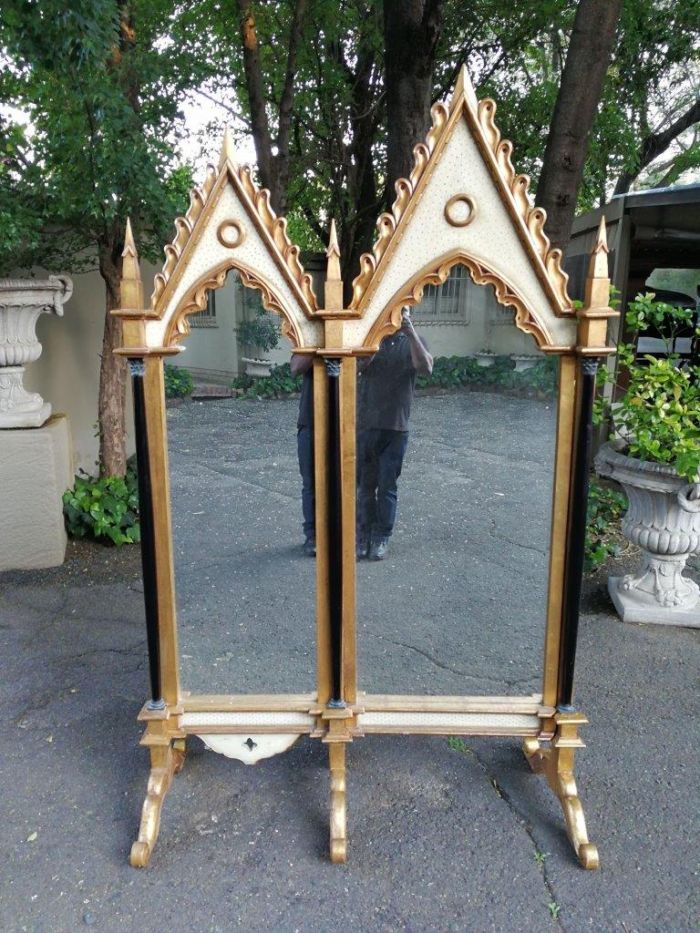 A Pair Of Antique Cathederal Style Heavy Mirrors