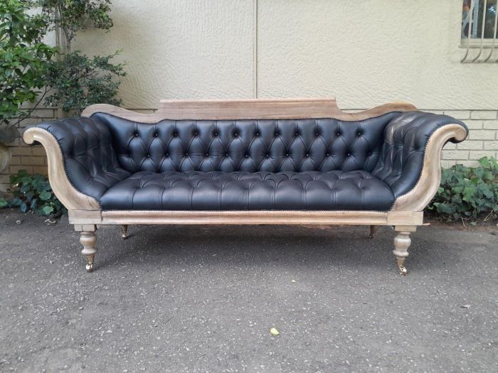 A 19th Century Africana Stinkwood Settee / Chaise Lounge in a Bleached Contemporary Finish and Upholstered in Leather