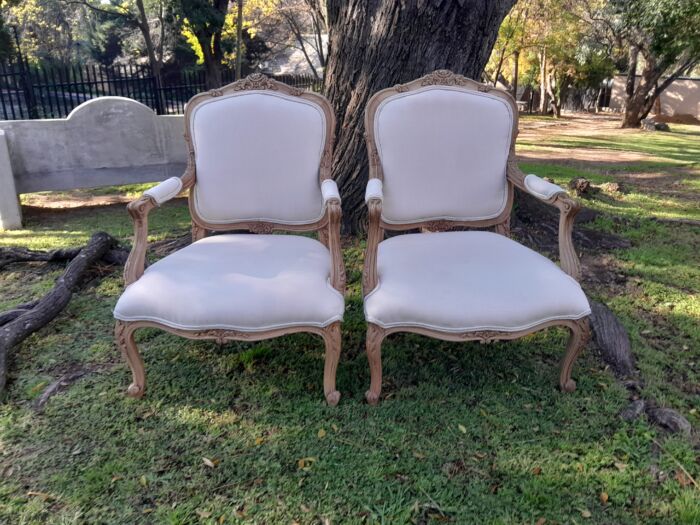 A Pair of 19th Century Circa 1900 French Beechwood Armchairs in a Contemporary Bleached Finish and Upholstered in a French Linen