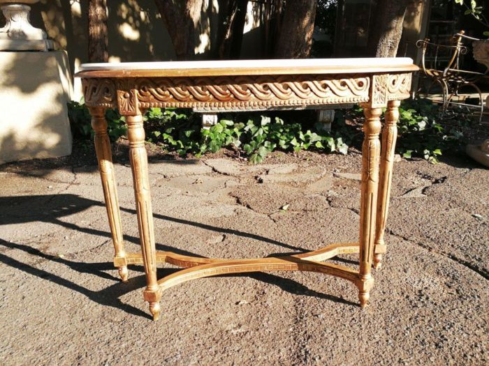 French Style Wooden Half-Moon Console Table Hand Gilded With 22 karat Gold Leaf With Marble Top