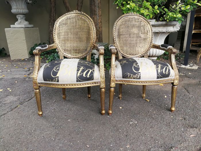 A Pair of Antique French Circa 1900 Hand Gilded with Gold Leaf Rattan Armchairs