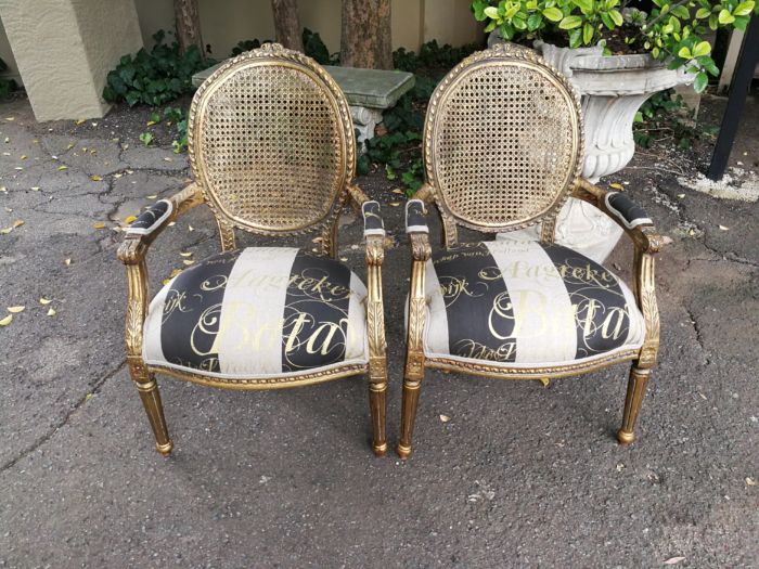 A Pair of Antique French Circa 1900 Hand Gilded with Gold Leaf Rattan Armchairs - Image 3