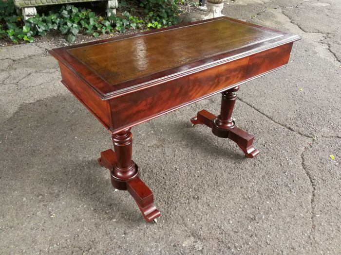 A 19th Century Flamed Mahogany Sofa / Writing Table with Leather and Hand Tooled Top On Cators - Image 5