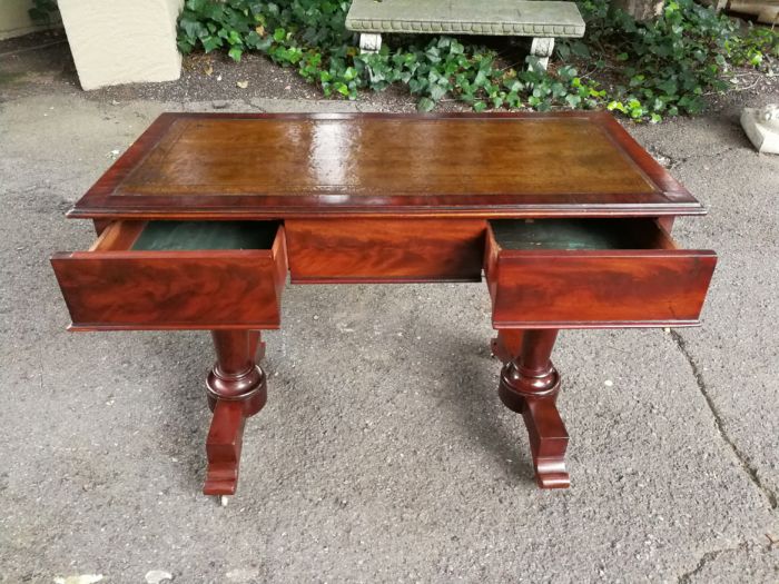 A 19th Century Flamed Mahogany Sofa / Writing Table with Leather and Hand Tooled Top On Cators - Image 6