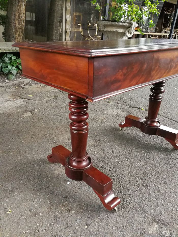 A 19th Century Flamed Mahogany Sofa / Writing Table with Leather and Hand Tooled Top On Cators - Image 7