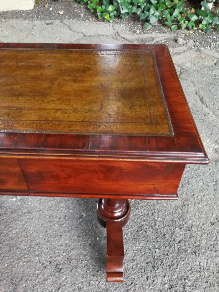 A 19th Century Flamed Mahogany Sofa / Writing Table with Leather and Hand Tooled Top On Cators - Image 8