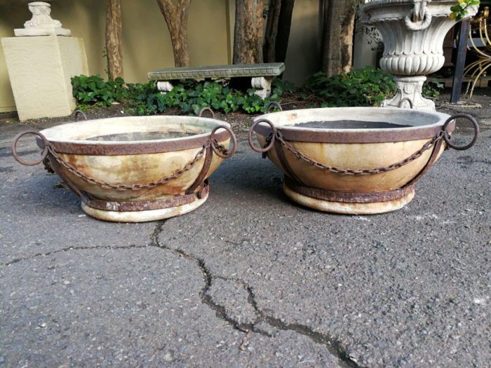 A Vintage Pair Of Terracotta And Wrought Iron Decorative Pots