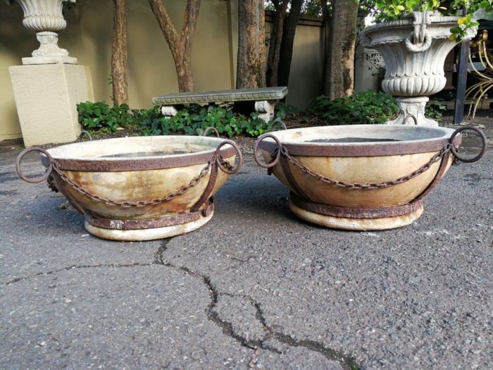 A Vintage Pair Of Terracotta And Wrought Iron Decorative Pots - Image 2