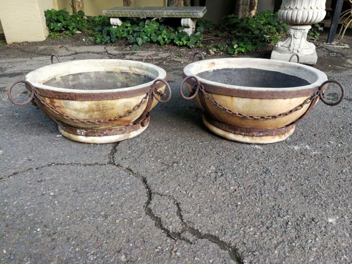 A Vintage Pair Of Terracotta And Wrought Iron Decorative Pots - Image 3