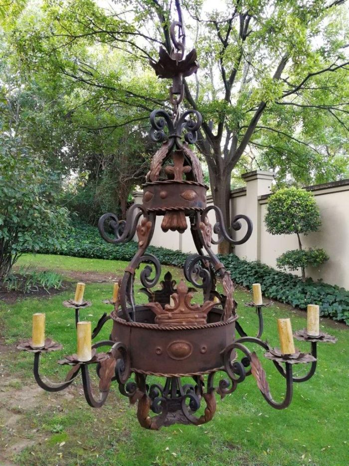 An Imported French Crown Design Wrought Iron Hand Painted Chandelier With 8 Arms