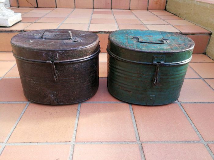 A Set of Two Antique/Vintage Decorative  Metal Hat Boxes