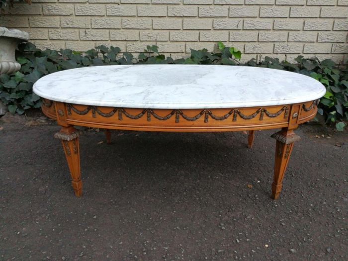 A French-style Marble Top Coffee Table with Brass Decorations - Image 2