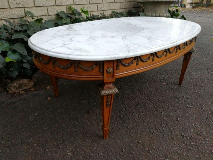 A French-style Marble Top Coffee Table with Brass Decorations - Image 3