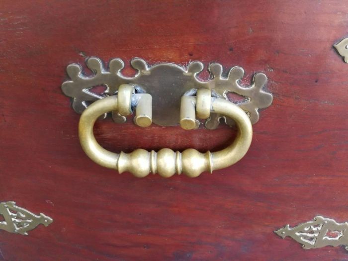 A 19th Century Dutch Colonial Batavian Brass-bound Teak Chest, With Original Lock Plate and Key. Sides With Brass-cut Escutcheons and Heavy Brass "turned" Loop Handles ND - Image 6