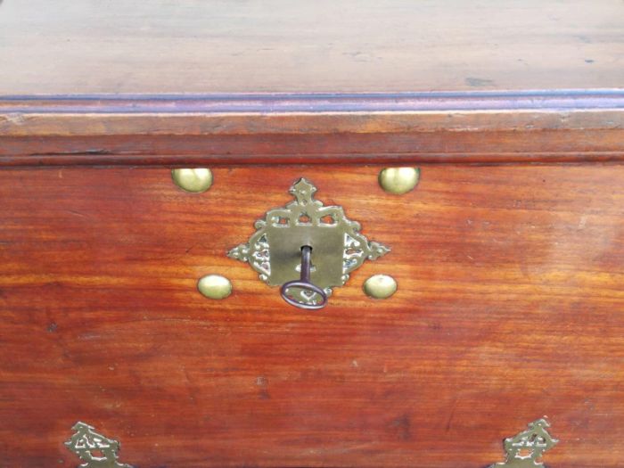 A 19th Century Dutch Colonial Batavian Brass-bound Teak Chest, With Original Lock Plate and Key. Sides With Brass-cut Escutcheons and Heavy Brass "turned" Loop Handles ND - Image 8