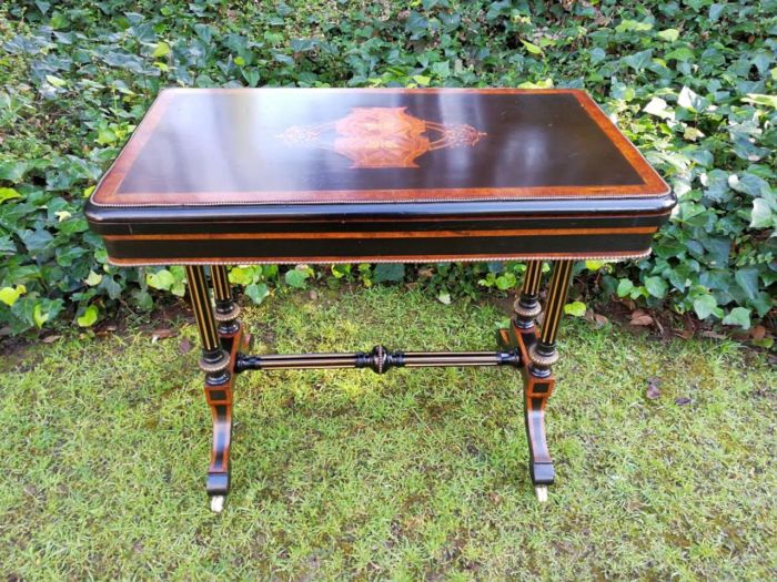 A Napoleon III Inlaid Ebony, Walnut and Ormolu Card / Stretcher Table - Image 3