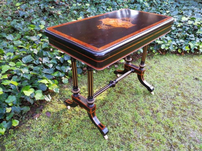 A Napoleon III Inlaid Ebony, Walnut and Ormolu Card / Stretcher Table - Image 4