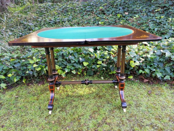 A Napoleon III Inlaid Ebony, Walnut and Ormolu Card / Stretcher Table - Image 5