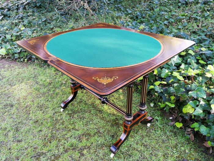 A Napoleon III Inlaid Ebony, Walnut and Ormolu Card / Stretcher Table - Image 6