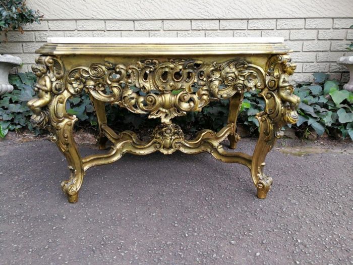 A 20TH Century French Style Ornately Carved and Gilded Walnut Console Drinks / Console With Marble Top Table - Image 2