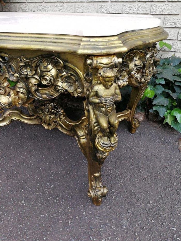 A 20TH Century French Style Ornately Carved and Gilded Walnut Console Drinks / Console With Marble Top Table - Image 7