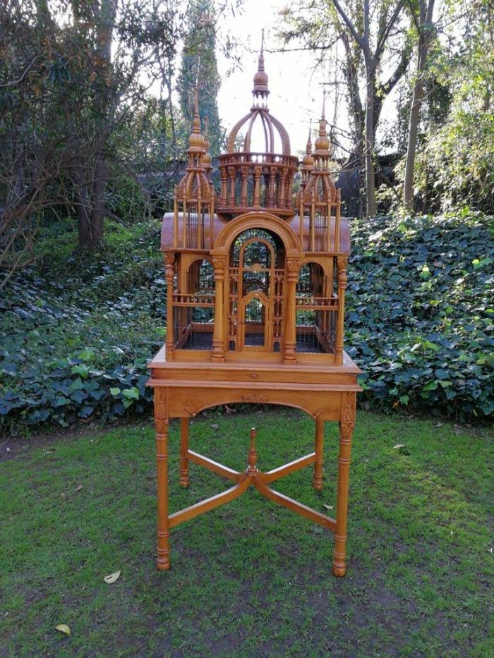 A 20th Century Carved Mahogany and Teak Wood Architectural Cathedral Style Birdcage on Stand - Image 2