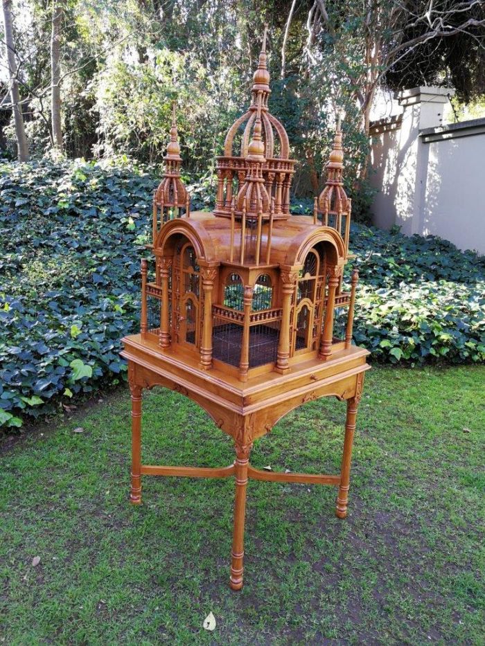 A 20th Century Carved Mahogany and Teak Wood Architectural Cathedral Style Birdcage on Stand - Image 3