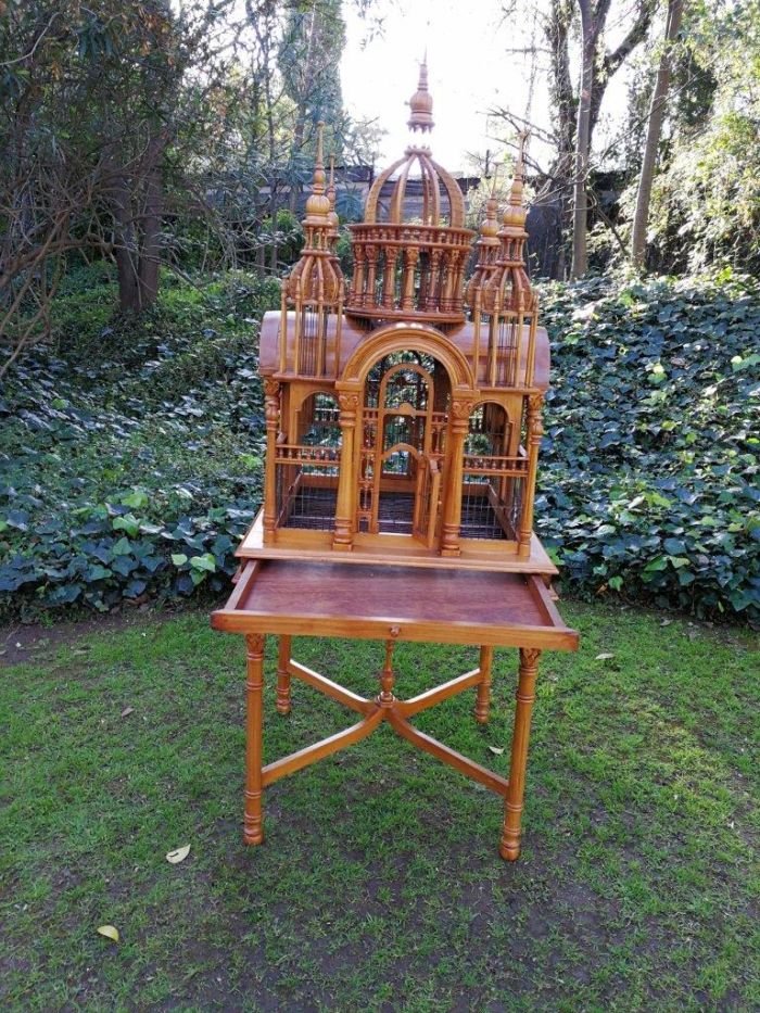 A 20th Century Carved Mahogany and Teak Wood Architectural Cathedral Style Birdcage on Stand - Image 5