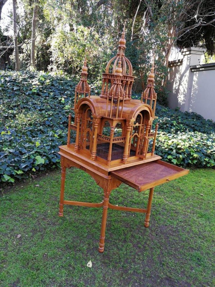 A 20th Century Carved Mahogany and Teak Wood Architectural Cathedral Style Birdcage on Stand - Image 6