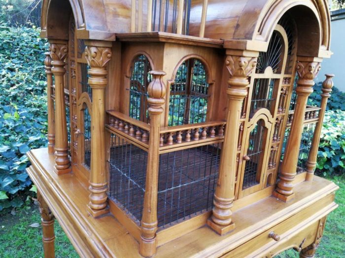 A 20th Century Carved Mahogany and Teak Wood Architectural Cathedral Style Birdcage on Stand - Image 7