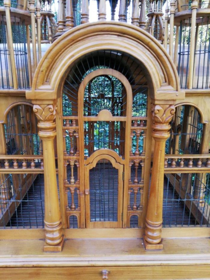 A 20th Century Carved Mahogany and Teak Wood Architectural Cathedral Style Birdcage on Stand - Image 8