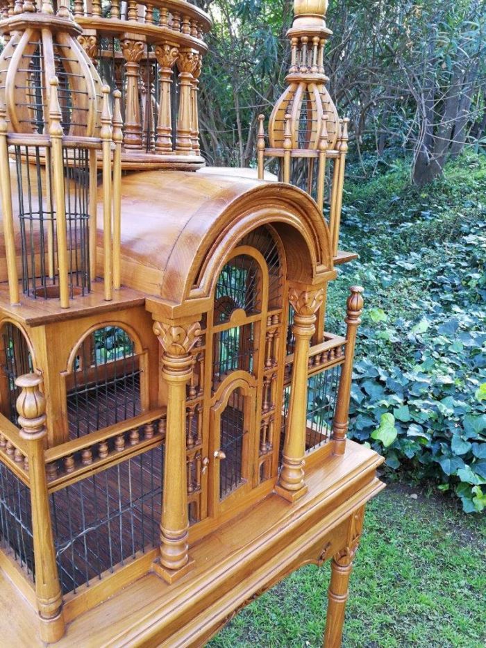 A 20th Century Carved Mahogany and Teak Wood Architectural Cathedral Style Birdcage on Stand - Image 9