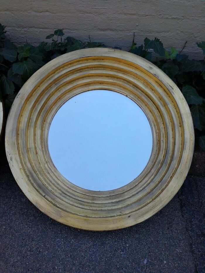 A Pair Of Circular Bevelled Wooden Mirrors with a Hand-gilded Gold Leaf Detail - Image 3