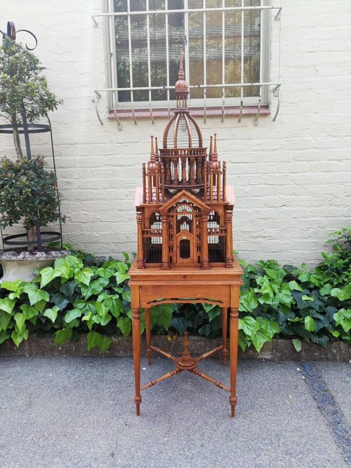 Italian Chippendale Cathedral Style Mahogany Architectural Birdcage Circa 1950's