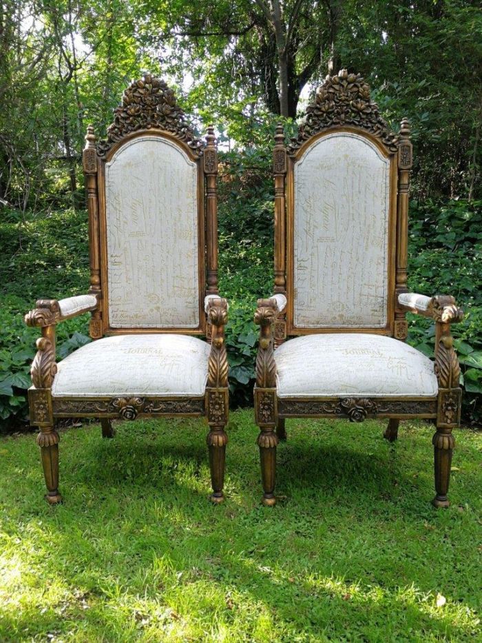 An Intricately Carved Pair of French Baroque/Rococo Style King/Throne Gold Painted Armchairs Upholstered in a Custom Handmade Imported Linen with Gold Design for The Crown Collection