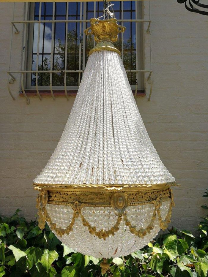 A Large Antique Gold Beaded Empire Style Chandelier