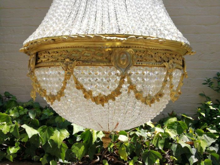 A Large Antique Gold Beaded Empire Style Chandelier - Image 4