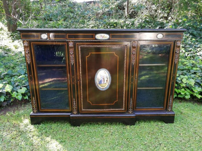 A French Style Ebonized Breakfront Credenza/Sideboard With Ormolu Mounts And Marquetry Inlay