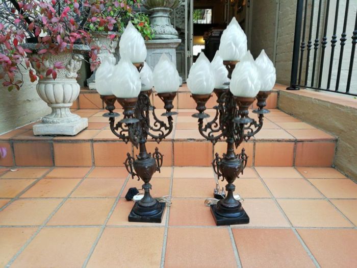 A Pair of 20th Century Metal Candelabras with Frosted Lamp Shades