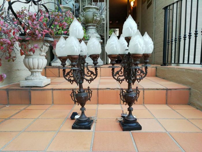 A Pair of 20th Century Metal Candelabras with Frosted Lamp Shades - Image 2