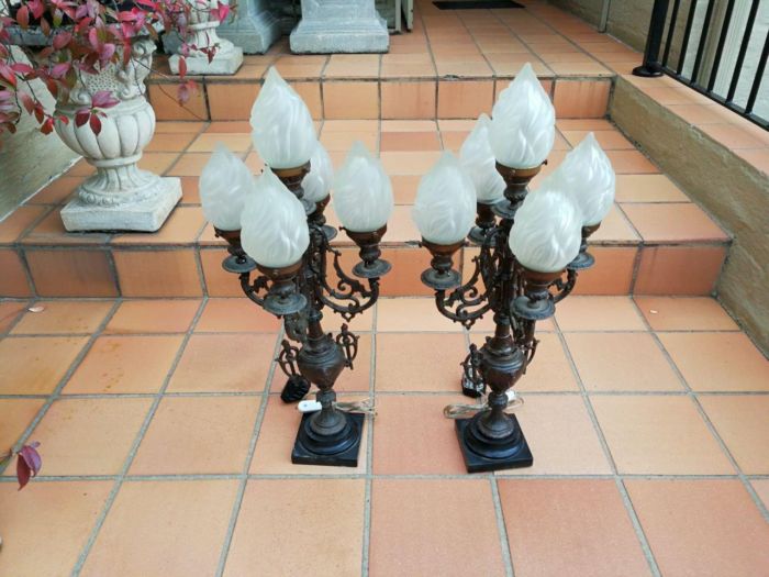 A Pair of 20th Century Metal Candelabras with Frosted Lamp Shades - Image 3