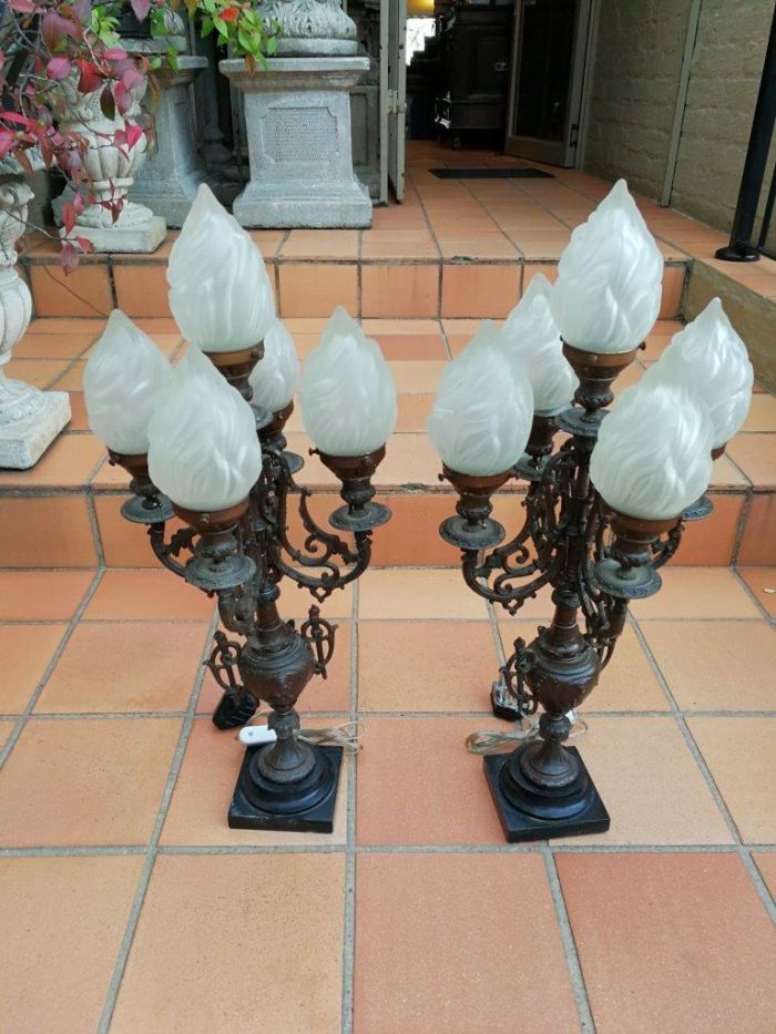 A Pair of 20th Century Metal Candelabras with Frosted Lamp Shades - Image 4