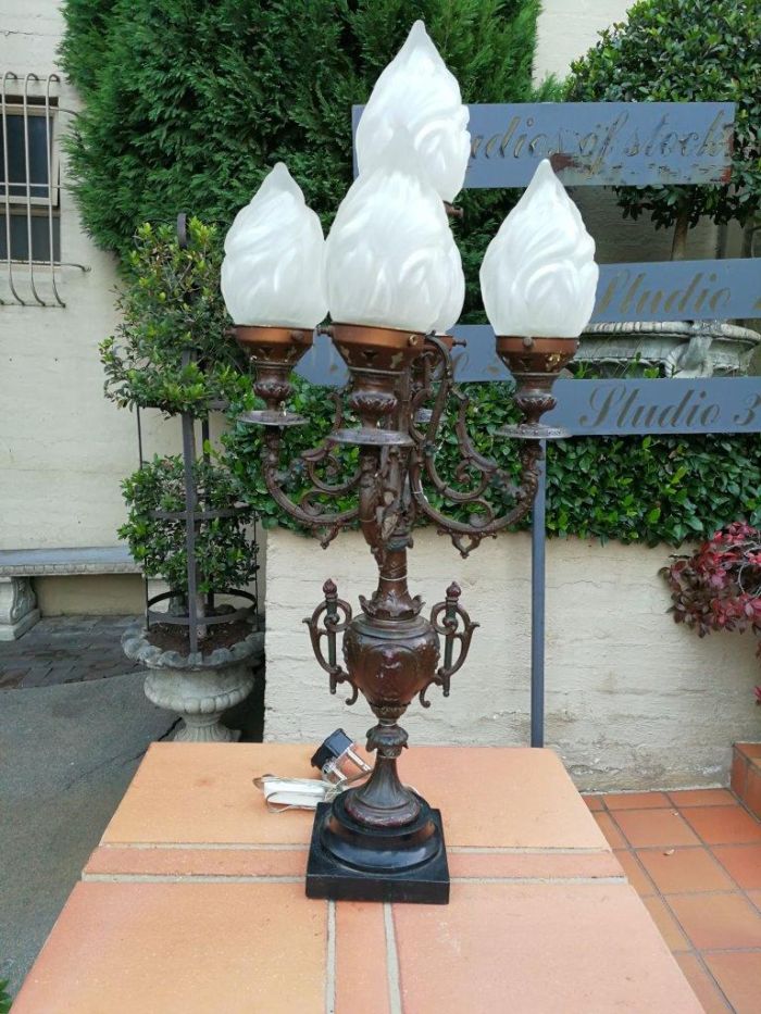 A Pair of 20th Century Metal Candelabras with Frosted Lamp Shades - Image 5