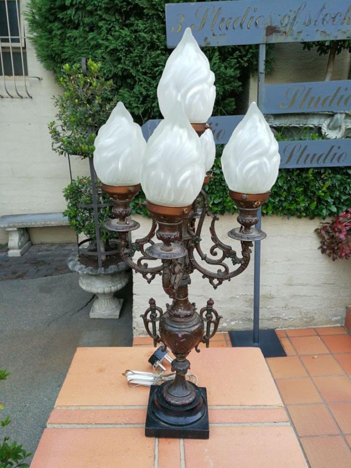 A Pair of 20th Century Metal Candelabras with Frosted Lamp Shades - Image 6